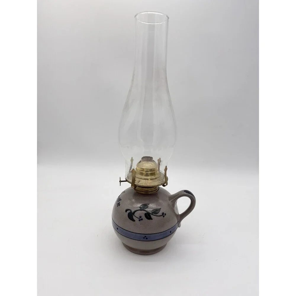 Rare Rowe Pottery Works Salt Glazed USA Oil Lamp Floral Pattern Painted 15”